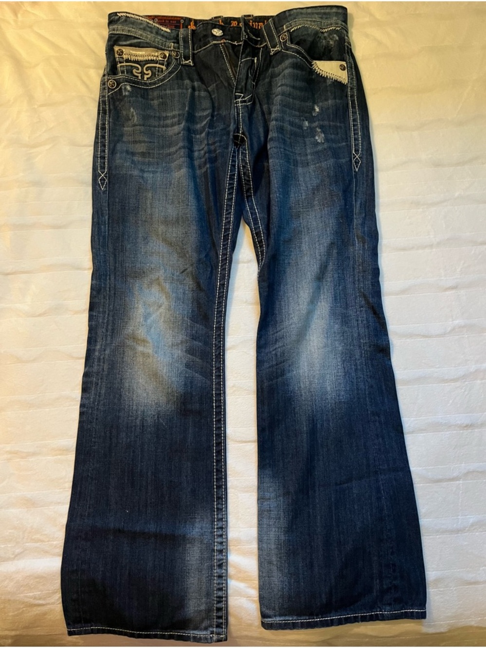 Vintage Rock Revival Men's Blue Bootcut Jeans with Fading